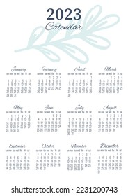 calendar layout with botanical line elements in blue