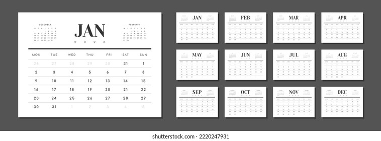 Calendar Layout design for 2023 in minimal business style. Vector template of a wall or table simple calendar with week start monday in grey color for print. Set of 12 calendar pages.