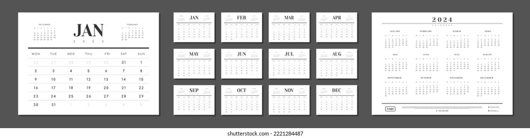 Calendar Layout design for 2023-2024 in minimal business style. Vector template of a wall or table simple calendar with week start monday in grey color for print. Set of 12 calendar pages.