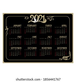 Calendar layout for the year 2021. Black and golden colors. Decorative framework, art nouveau style. Number 2021. Week starts on Sunday. A4, A3 template. 