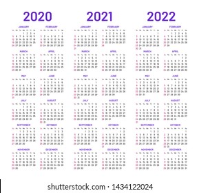 Calendar layouts set for 2020, 2021 and 2022 years. English template with basic grid on white background. Week starts from Sunday. Vertical annual calendar from January to December vector design
