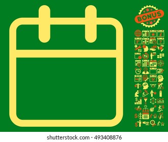 Calendar Leaf icon with bonus calendar and time management pictures. Vector illustration style is flat iconic bicolor symbols, orange and yellow colors, green background.
