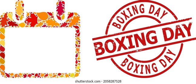 Icono de mosaico de la hoja de calendario diseñado para la temporada de otoño y sello impuro de Boxing Day. El mosaico de hojas del calendario vectorial está diseñado con hojas de arce y roble al azar.