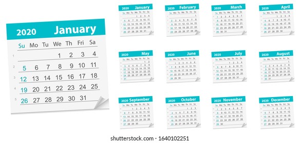 Calendar Leaf , year 2020. Vector Illustration. page with a calendar for the month.