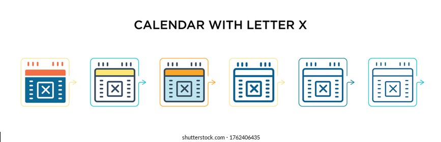 Calendar with letter x vector icon in 6 different modern styles. Black, two colored calendar with letter x icons designed in filled, outline, line and stroke style. Vector illustration can be used