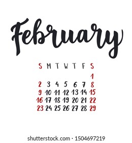 Calendar lettering 2020 year. Simple minimalistic calendar for a month february. Vector hand-drawn isolated on white background.