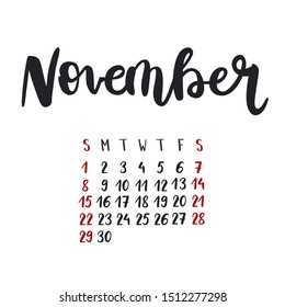 Calendar lettering 2020 year. Simple minimalistic calendar for a month november. Vector hand-drawn isolated on white background.