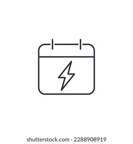 Calendar with lightning. A stressful, difficult, responsible day. Vector linear icon isolated on white background.