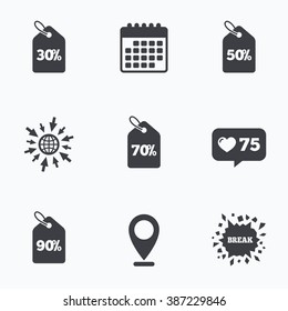 Calendar, like counter and go to web icons. Sale price tag icons. Discount special offer symbols. 30%, 50%, 70% and 90% percent discount signs. Location pointer.