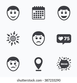 Calendar, like counter and go to web icons. Human smile face icons. Happy, sad, cry signs. Happy smiley chat symbol. Sadness depression and crying signs. Location pointer.