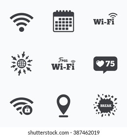 Calendar, like counter and go to web icons. Free Wifi Wireless Network icons. Wi-fi zone locked symbols. Password protected Wi-fi sign. Location pointer.