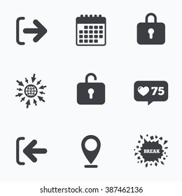Calendar, like counter and go to web icons. Login and Logout icons. Sign in or Sign out symbols. Lock icon. Location pointer.