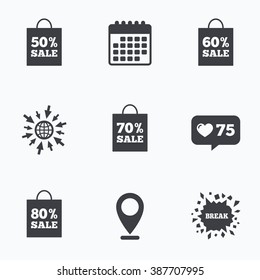 Calendar, like counter and go to web icons. Sale bag tag icons. Discount special offer symbols. 50%, 60%, 70% and 80% percent sale signs. Location pointer.