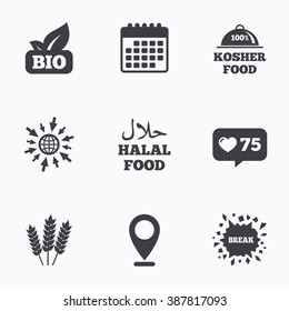 Calendar, like counter and go to web icons. Natural Bio food icons. Halal and 100% Kosher signs. Gluten free agricultural symbol. Location pointer.