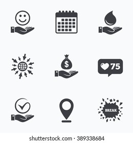 Calendar, like counter and go to web icons. Smile and hand icon. Water drop and Tick or Check symbol. Palm holds Dollar money bag. Location pointer.