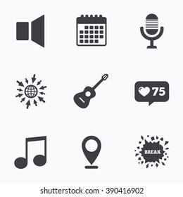 Calendar, like counter and go to web icons. Musical elements icons. Microphone and Sound speaker symbols. Music note and acoustic guitar signs. Location pointer.