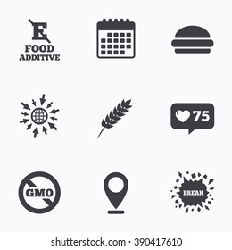 Calendar, like counter and go to web icons. Food additive icon. Hamburger fast food sign. Gluten free and No GMO symbols. Without E acid stabilizers. Location pointer.