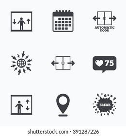 Calendar, like counter and go to web icons. Automatic door icons. Elevator symbols. Auto open. Person symbol with up and down arrows. Location pointer.