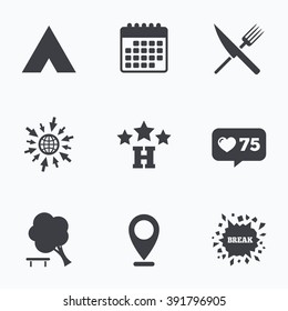 Calendar, like counter and go to web icons. Food, hotel, camping tent and tree icons. Knife and fork. Break down tree. Road signs. Location pointer.