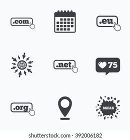 Calendar, like counter and go to web icons. Top-level internet domain icons. Com, Eu, Net and Org symbols with hand pointer. Unique DNS names. Location pointer.