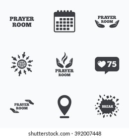 Calendar, like counter and go to web icons. Prayer room icons. Religion priest faith symbols. Pray with hands. Location pointer.