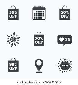 Calendar, like counter and go to web icons. Sale bag tag icons. Discount special offer symbols. 30%, 50%, 70% and 90% percent off signs. Location pointer.