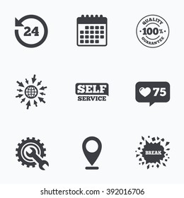 Calendar, like counter and go to web icons. Repair fix tool icons. 24h Customer support service signs. 100% quality guarantee symbol. Cogwheel gear with wrench key. Location pointer.