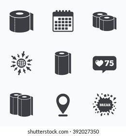 Calendar, like counter and go to web icons. Toilet paper icons. Kitchen roll towel symbols. WC paper signs. Location pointer.