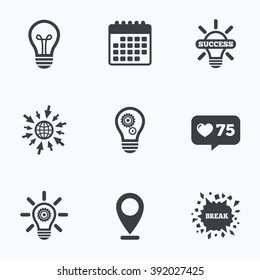 Calendar, like counter and go to web icons. Light lamp icons. Lamp bulb with cogwheel gear symbols. Idea and success sign. Location pointer.