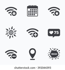 Calendar, like counter and go to web icons. Wifi Wireless Network icons. Wi-fi zone add or remove symbols. Favorite star sign. Password protected Wi-fi. Location pointer.