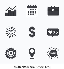 Calendar, like counter and go to web icons. Business icons. Graph chart and case signs. Dollar currency and gear cogwheel symbols. Location pointer.