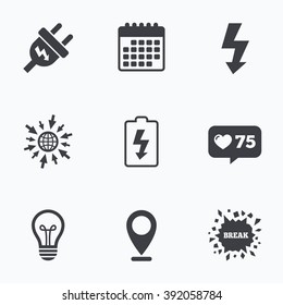 Calendar, like counter and go to web icons. Electric plug icon. Lamp bulb and battery symbols. Low electricity and idea signs. Location pointer.