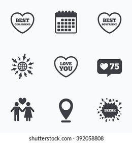 Calendar, like counter and go to web icons. Valentine day love icons. Best girlfriend and boyfriend symbol. Couple lovers sign. Location pointer.