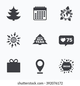Calendar, like counter and go to web icons. Happy new year icon. Christmas trees and gift box signs. World globe symbol. Location pointer.
