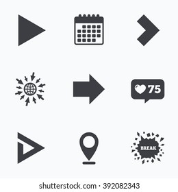 Calendar, like counter and go to web icons. Arrow icons. Next navigation arrowhead signs. Direction symbols. Location pointer.