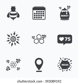 Calendar, like counter and go to web icons. Honey icon. Honeycomb cells with bees symbol. Sweet natural food signs. Location pointer.