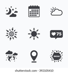 Calendar, like counter and go to web icons. Weather icons. Moon and stars night. Cloud and sun signs. Storm or thunderstorm with lightning symbol. Location pointer.