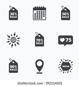 Calendar, like counter and go to web icons. Sale price tag icons. Discount special offer symbols. 30%, 50%, 70% and 90% percent sale signs. Location pointer.