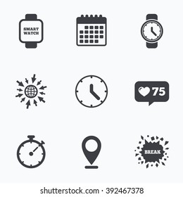 Calendario, como contador e ir a iconos web.Iconos de reloj inteligente. Tiempo de reloj mecánico, Símbolos del temporizador de Stopwatch. Signo de reloj digital con muñeca. Puntero de ubicación.