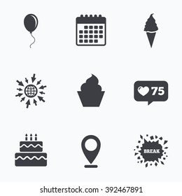 Calendar, like counter and go to web icons. Birthday party icons. Cake with ice cream signs. Air balloon with rope symbol. Location pointer.
