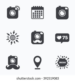 Calendar, like counter and go to web icons. Hipster photo camera with mustache icons. Retro camera symbols. Location pointer.