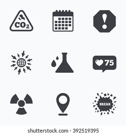 Calendar, like counter and go to web icons. Attention and radiation icons. Chemistry flask sign. CO2 carbon dioxide symbol. Location pointer.