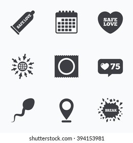 Calendar, like counter and go to web icons. Safe sex love icons. Condom and package symbol. Sperm sign. Fertilization or insemination. Location pointer.