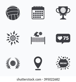 Calendar, like counter and go to web icons. Volleyball and net icons. Winner award cup and laurel wreath symbols. Beach sport symbol. Location pointer.