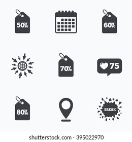 Calendar, like counter and go to web icons. Sale price tag icons. Discount special offer symbols. 50%, 60%, 70% and 80% percent discount signs. Location pointer.