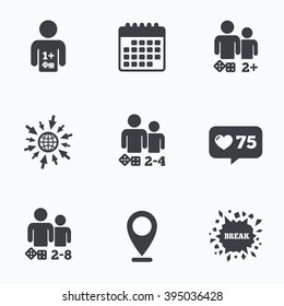 Calendar, like counter and go to web icons. Gamer icons. Board games players sign symbols. Location pointer.