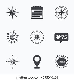 Calendar, like counter and go to web icons. Windrose navigation icons. Compass symbols. Coordinate system sign. Location pointer.