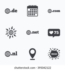 Calendar, like counter and go to web icons. Top-level internet domain icons. De, Com, Net and Nl symbols with globe. Unique national DNS names. Location pointer.
