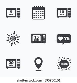 Calendar, like counter and go to web icons. Microwave oven icons. Cook in electric stove symbols. Heat 9, 10, 15 and 20 minutes signs. Location pointer.