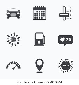 Calendar, like counter and go to web icons. Transport icons. Car tachometer and automatic transmission symbols. Petrol or Gas station sign. Location pointer.